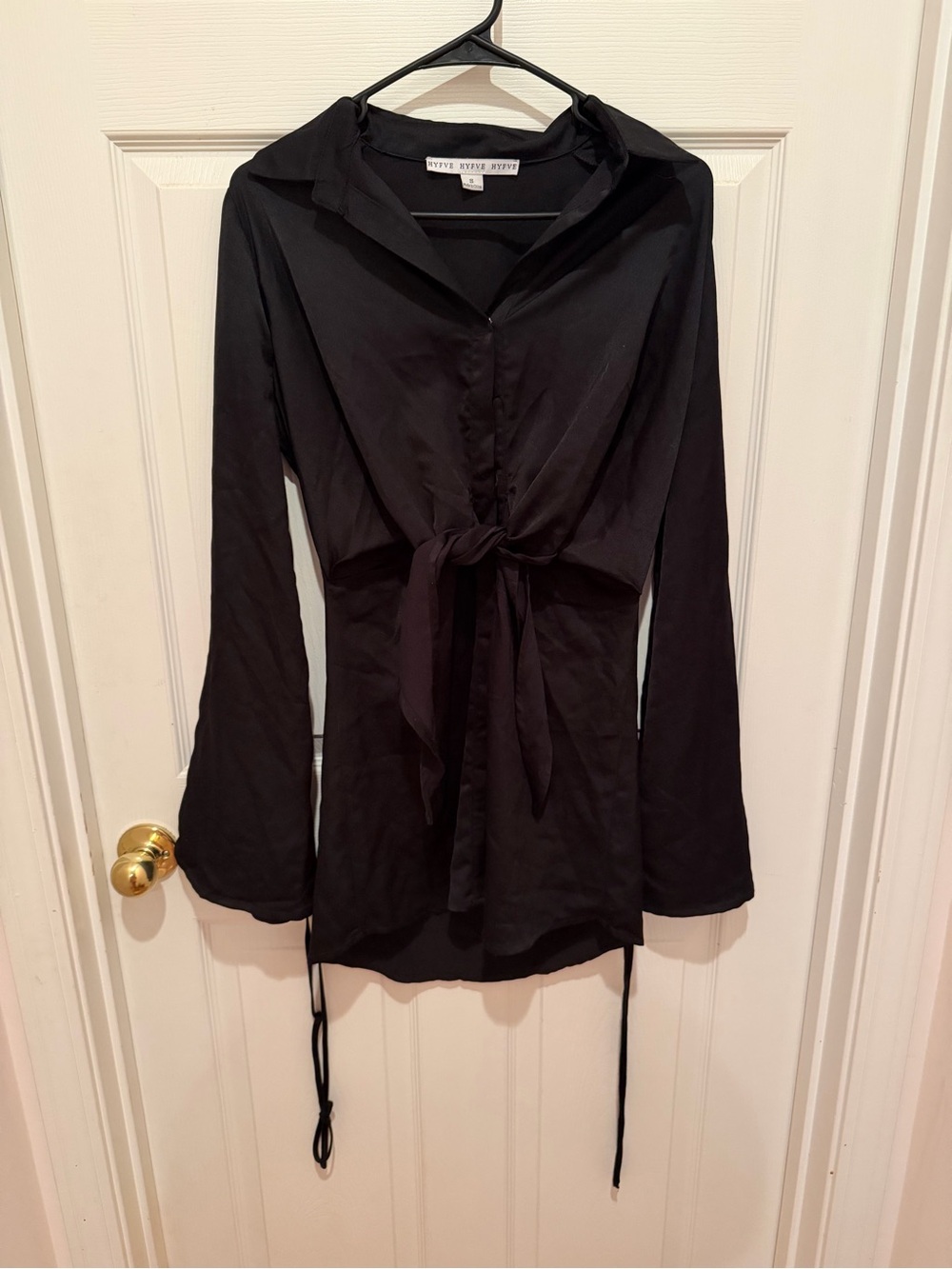 HYFVE Black Satin Mini Dress Size Small Tie Waist Long Sleeve Collared